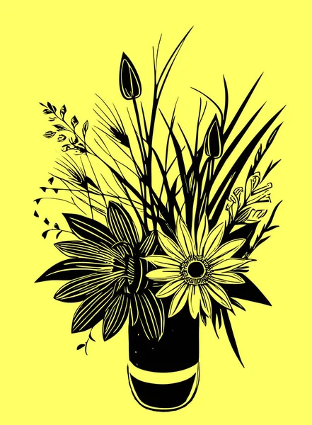 stock vector black graphic contour drawing of a bouquet of flowers on a yellow background, design