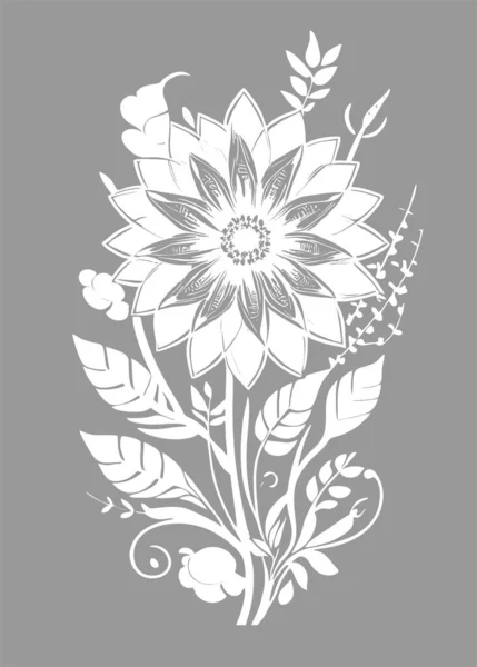 Biały Rysunek Konturu Graficznego Bukietu Kwiatów Szarym Tle Projekt — Wektor stockowy