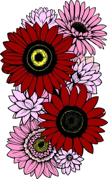 黒い輪郭 デザイン グラフィックを持つ野生の花の花束の多色の図面 — ストックベクタ