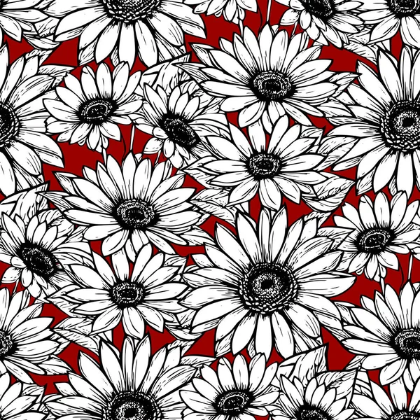 Nahtloses Muster Großer Schwarzer Und Weißer Blumen Auf Rotem Hintergrund — Stockvektor