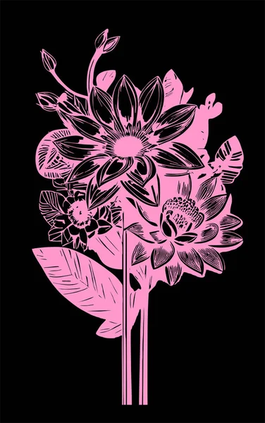 Rosa Grafisk Teckning Bukett Blommor Svart Bakgrund Design Konst — Stock vektor