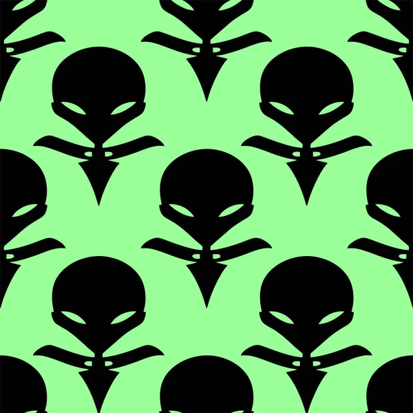 Yeşil Arkaplan Doku Tasarım Üzerinde Kusursuz Desenli Siyah Grafik Uzaylılar — Stok Vektör