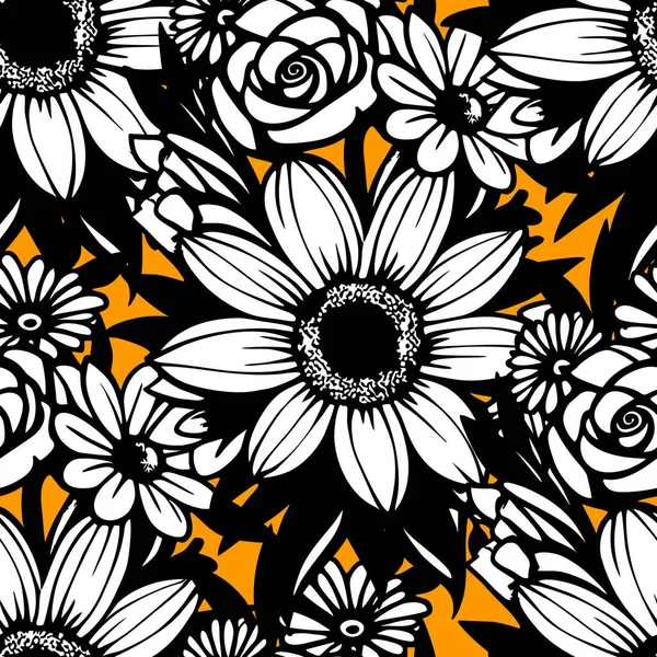 Бесшовный Узор Черно Белых Цветов Оранжевом Фоне Текстура Дизайн — стоковый вектор