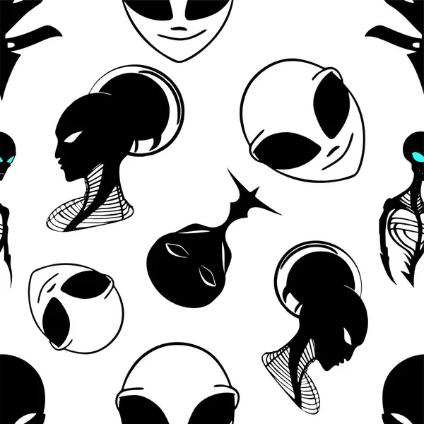 Naadloos Patroon Zwart Grafische Aliens Witte Achtergrond Textuur Ontwerp — Stockvector