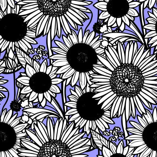 Naadloos Patroon Van Grote Zwart Witte Bloemen Een Blauwe Achtergrond — Stockvector