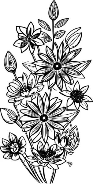 Black Graphic Contour Drawing Bouquet Flowers White Background Design — Stock Vector