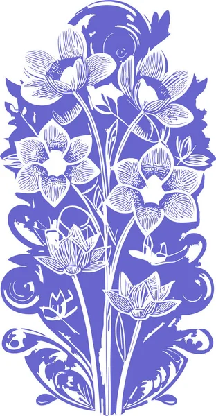 Blå Grafisk Kontur Ritning Bukett Blommor Vit Bakgrund Design — Stock vektor