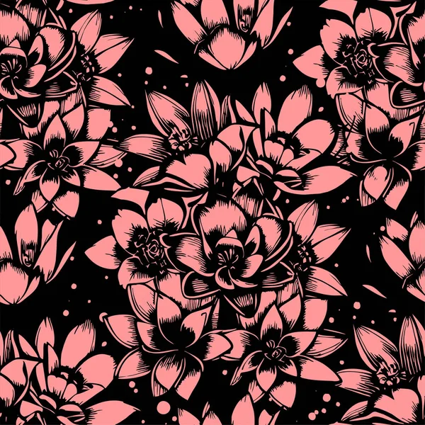 黒の背景に黒とピンクの花のシームレスなパターン テクスチャ デザイン — ストックベクタ