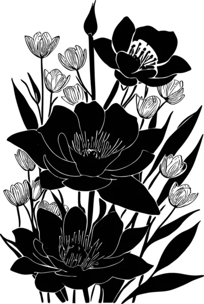 Black Graphic Drawing Bouquet Flowers White Background Design Art — Stock Vector