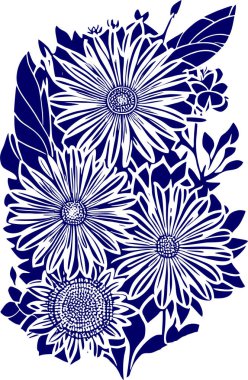 Beyaz arkaplanda bir buket çiçeğin mavi grafik çizimi, tasarım