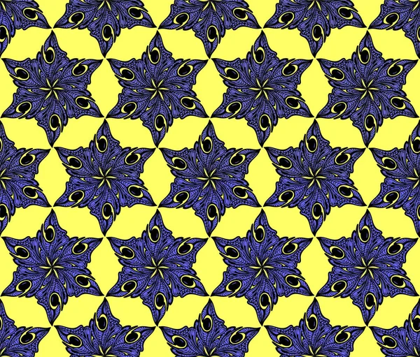 Motif Floral Bleu Symétrique Sans Couture Sur Fond Jaune Texture — Image vectorielle