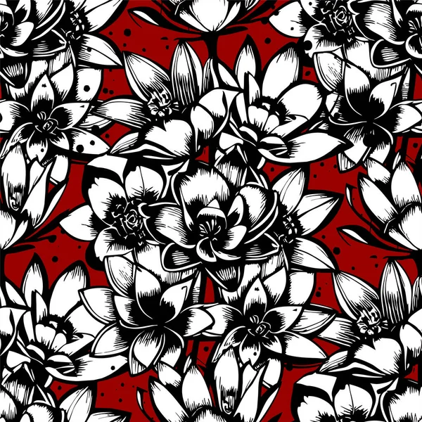 Seamless Pattern Black White Flowers Red Background Texture Design — Stock Vector