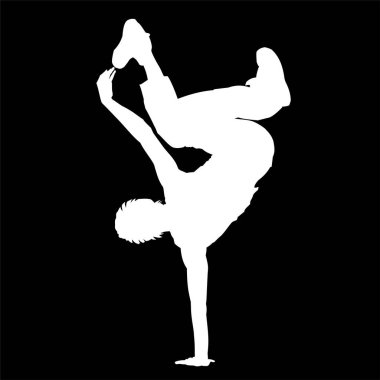 Siyah arkaplanda dans eden bir adamın beyaz silueti, monokrom grafikler, tasarım, logo