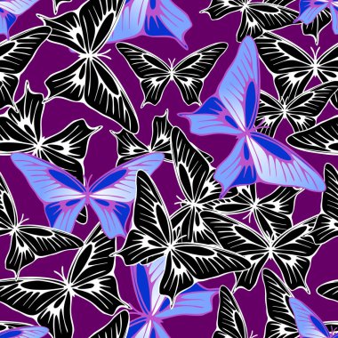 Mor bir zemin, doku ve dizayn üzerinde mavi-siyah kelebeklerin kusursuz deseni