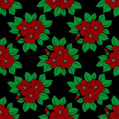 Siyah arkaplan, doku ve dizayn üzerinde büyük kırmızı çiçeklerin kusursuz deseni