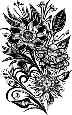 beyaz arkaplanda bir buket çiçeğin siyah grafik çizimi, tasarım
