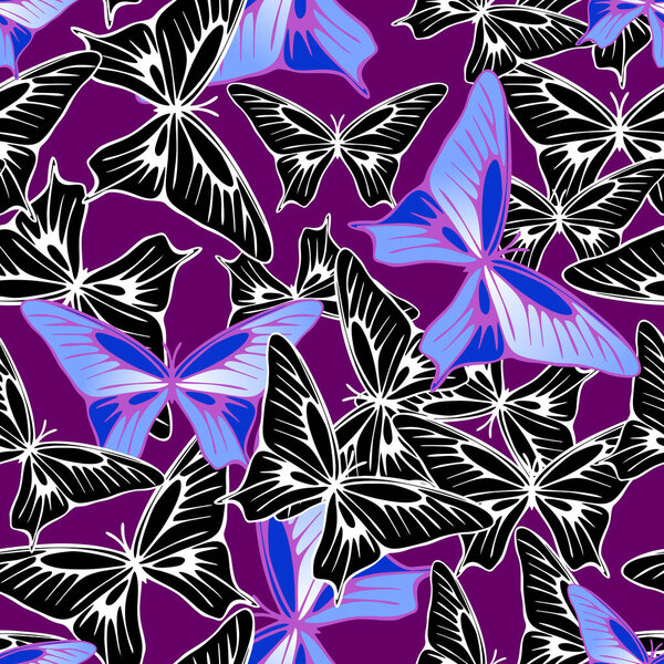 бесшовный узор сине-черных бабочек на фиолетовом фоне, текстура, дизайн