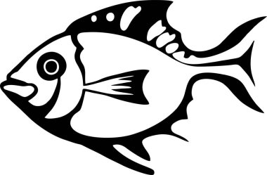 Siyah grafik beyaz arka planda şekillendirilmiş balık çizimi, logotip, tasarım