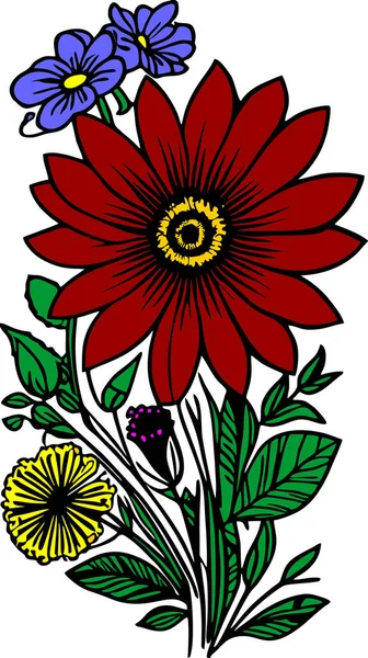 Wielobarwny Rysunek Bukiet Dzikich Kwiatów Czarnym Obrysem Projekt Grafika — Wektor stockowy