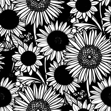 Siyah arkaplan, doku ve tasarım üzerinde büyük siyah ve beyaz çiçeklerin kusursuz deseni