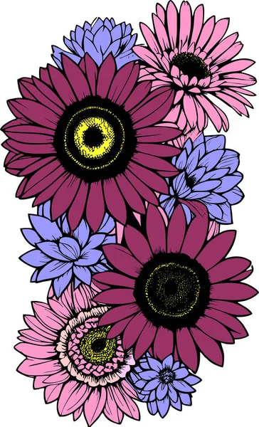 黒い輪郭 デザイン グラフィックを持つ野生の花の花束の多色の図面 — ストックベクタ