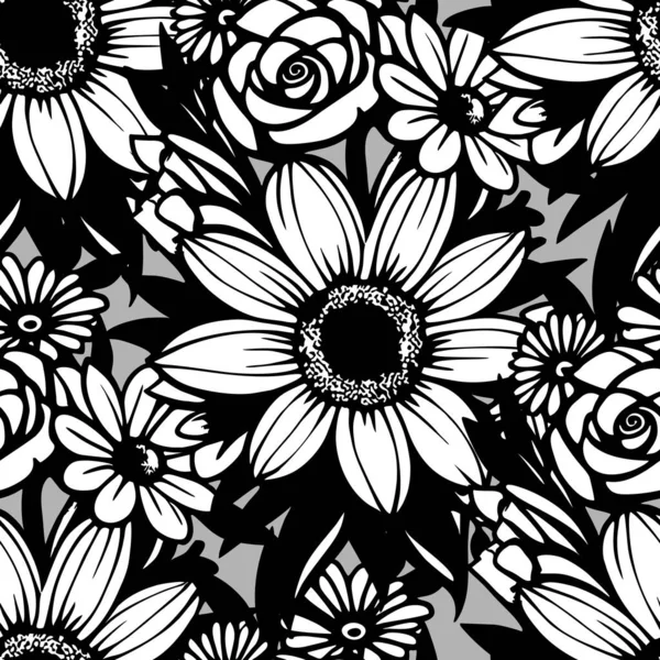Patrón Sin Costuras Flores Blanco Negro Sobre Fondo Gris Textura — Archivo Imágenes Vectoriales