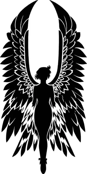 Zwart Wit Grafische Tekening Engel Meisje Met Vleugels Ontwerp — Stockvector