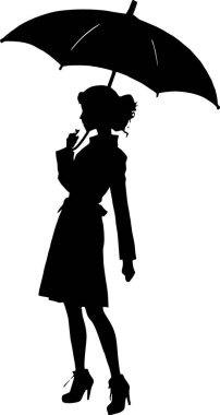 siyah grafik silueti şemsiyeli, simgeli, logolu bir kız