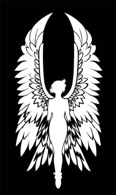 siyah beyaz çizim meleği, kanatlı kız, tasarım