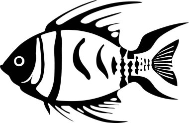 Siyah grafik beyaz arka planda şekillendirilmiş balık çizimi, logotip, tasarım