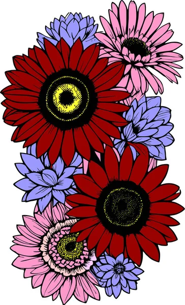 Siyah Çizgili Bir Buket Yabani Çiçeğin Çok Renkli Çizimi Tasarım — Stok Vektör