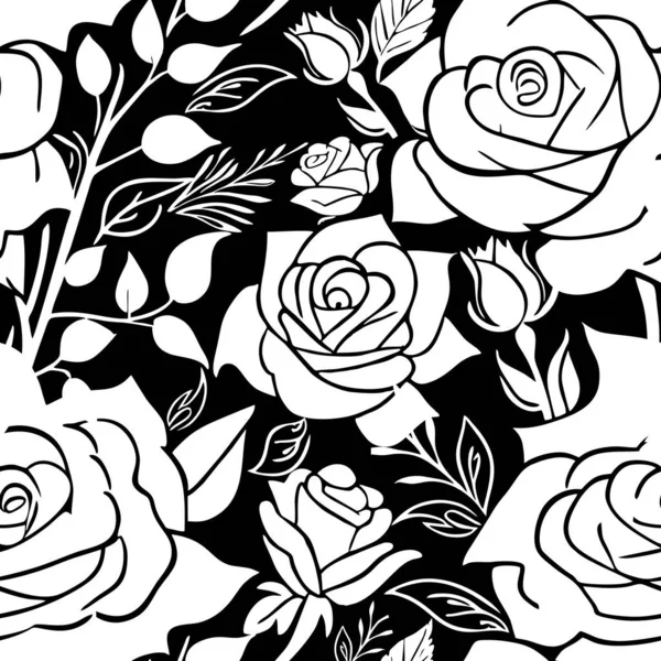 Μαύρο Και Άσπρο Χωρίς Ραφή Μοτίβο Τριαντάφυλλο Λουλούδια Υφή Σχέδιο — Διανυσματικό Αρχείο