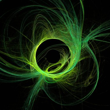 yellow and green abstract drawing on a black background, color digital graphics, design