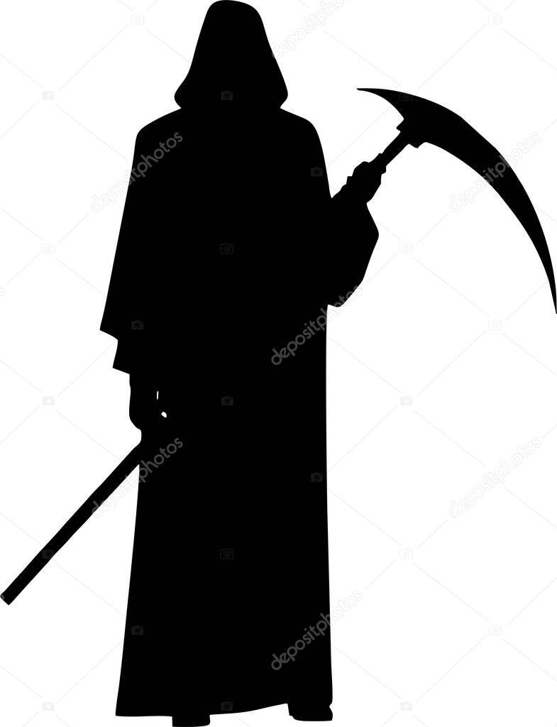 Black graphic silhouette of the reaper of death, badge, logo, tattoo