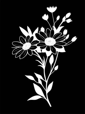 Siyah arkaplan üzerinde bir çiçek dalının beyaz grafik çizimi, tasarım
