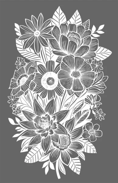 white graphic contour drawing of a bouquet of flowers on a gray background, design