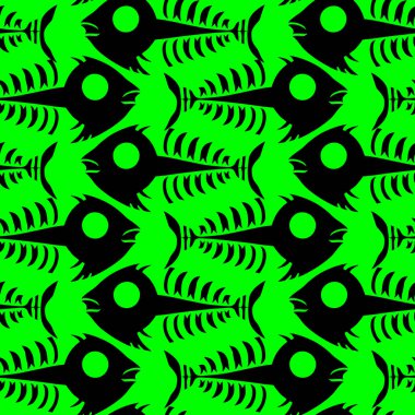 Yeşil arkaplan, doku, tasarım üzerinde siyah balık iskeletlerinin kusursuz deseni