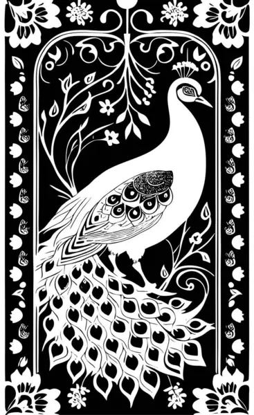 Siyah arkaplan, tek renkli grafikler, tasarım üzerine tavus kuşunun beyaz biçimli çizimi