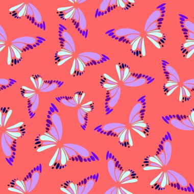 Pembe arka plan, doku ve dizayn üzerinde kusursuz mavi-menekşe dekoratif kelebek deseni.