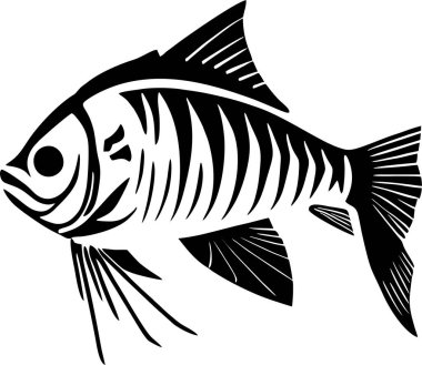 Siyah grafik beyaz arka planda şekillendirilmiş balık çizimi, logotip, tasarım