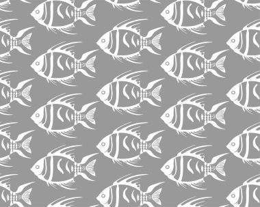 Gri arkaplan, doku ve tasarım üzerinde beyaz balığın kusursuz deseni