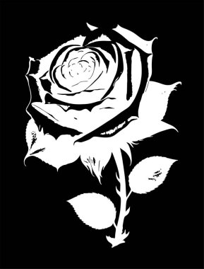 Siyah arkaplan üzerinde bir çiçek dalının beyaz grafik çizimi, tasarım