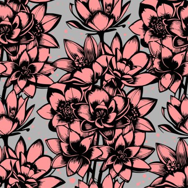 Gri arkaplan, doku ve dizayn üzerinde siyah ve pembe çiçeklerin kusursuz deseni