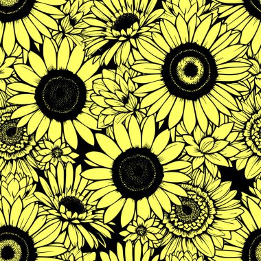 Büyük sarı çiçeklerin kusursuz deseni, tekrarlayan tasarım, doku, arkaplan