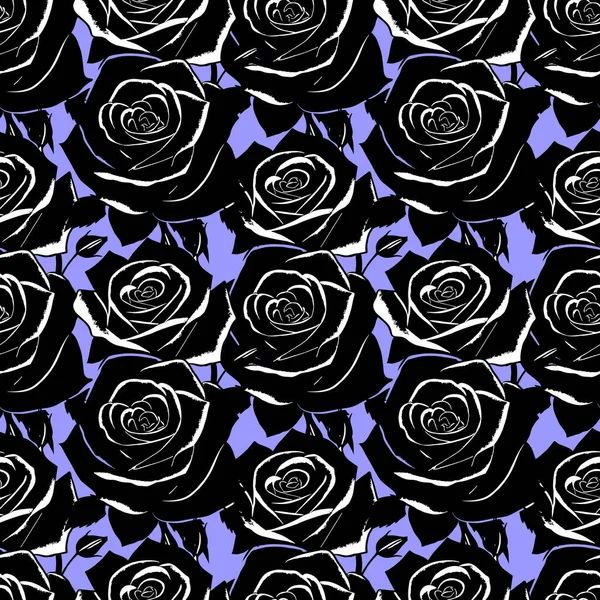 seamless black and white graphic pattern of large rose flowers on a blue background, texture, design