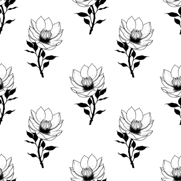 seamless symmetrical pattern of black graphic magnolia flowers on a white background, texture, design