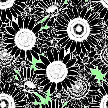 Yeşil arkaplan, doku, tasarım üzerinde pürüzsüz siyah ve beyaz çiçek deseni