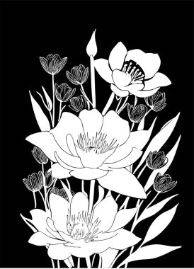 Siyah arkaplan üzerinde bir çiçek dalının beyaz grafik çizimi, tasarım