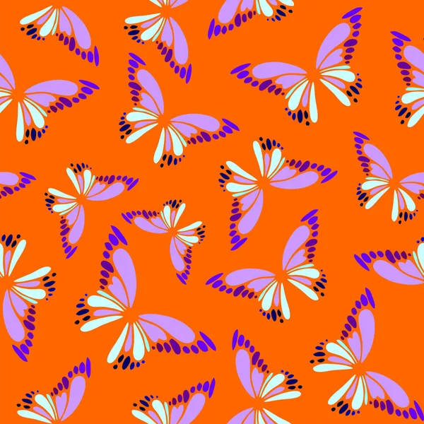 Turuncu arka plan, doku ve dizayn üzerinde kusursuz mavi-menekşe dekoratif kelebek deseni.