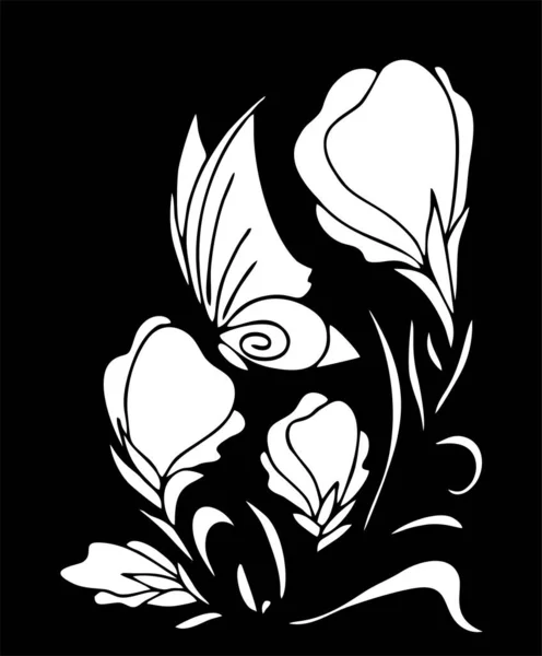 white graphic contour drawing of a bouquet of flowers on a black background, design